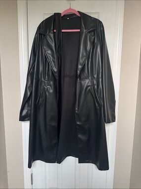 Black Faux Leather Trench Coat - Women
